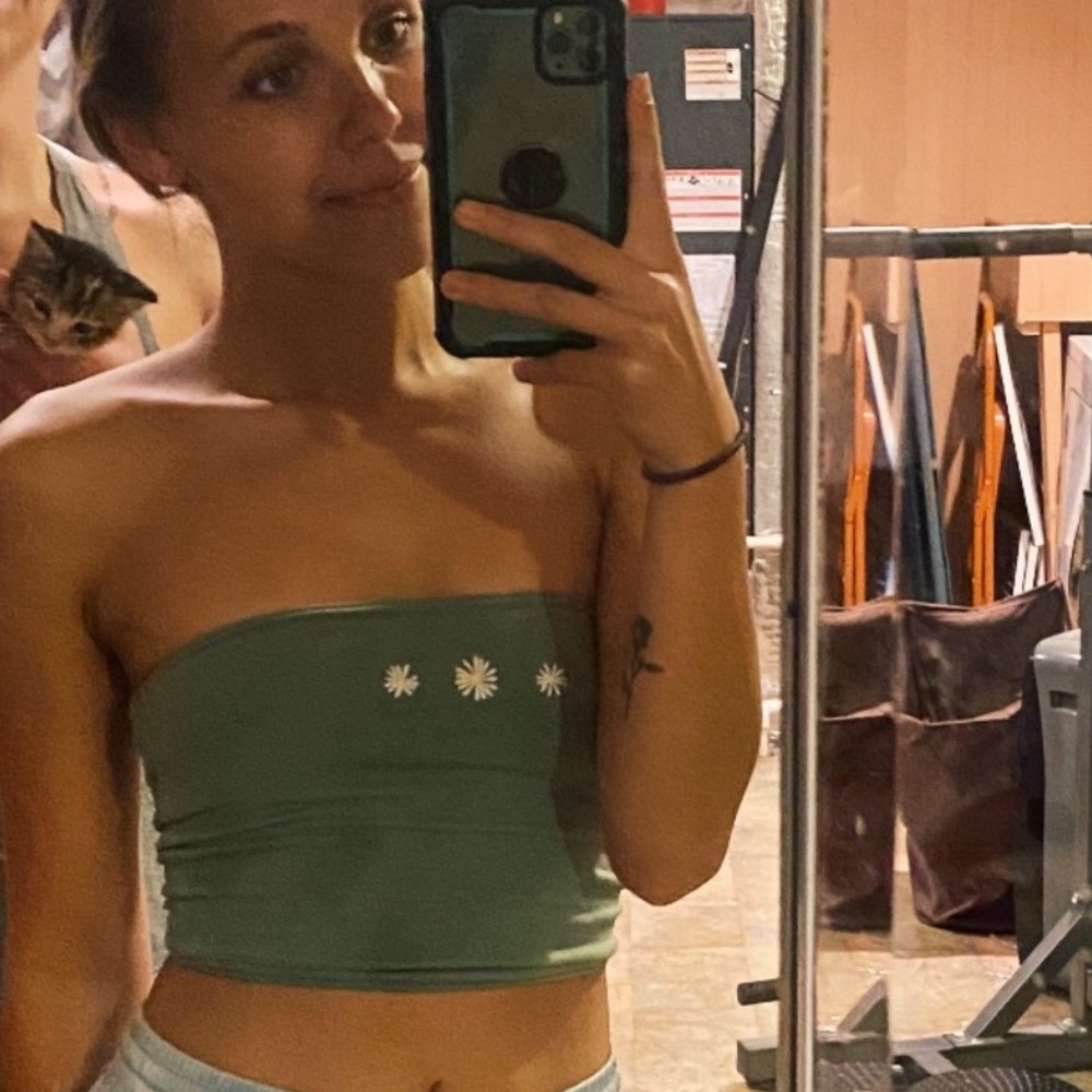 Green Strapless Crop Top with Floral Design